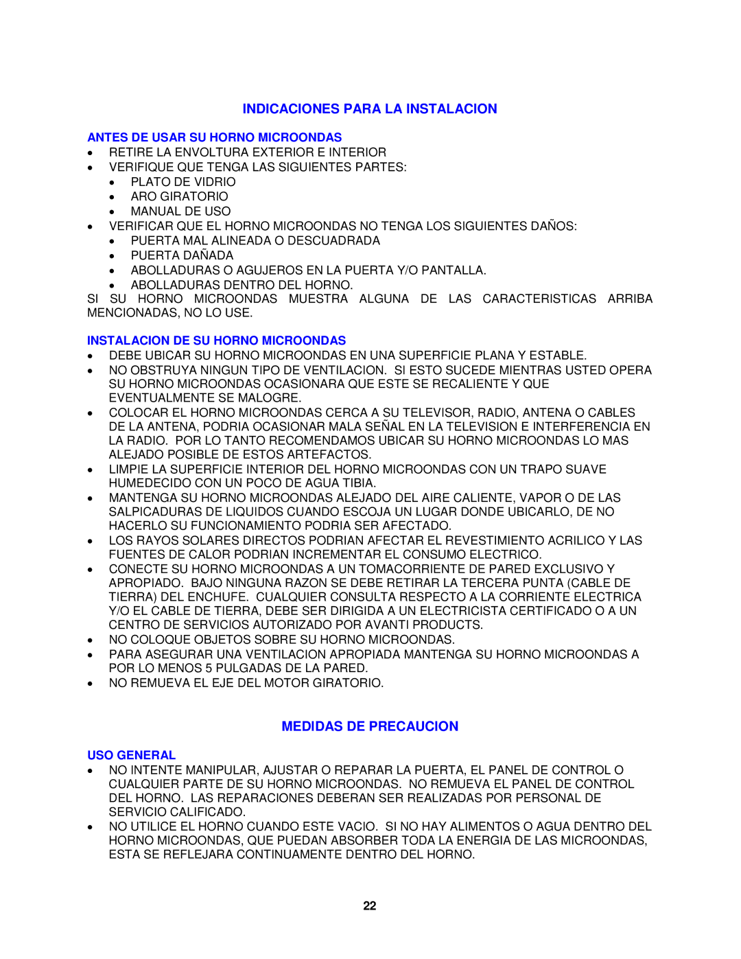 Avanti MO8003BT Indicaciones Para LA Instalacion, Medidas DE Precaucion, Antes DE Usar SU Horno Microondas, USO General 