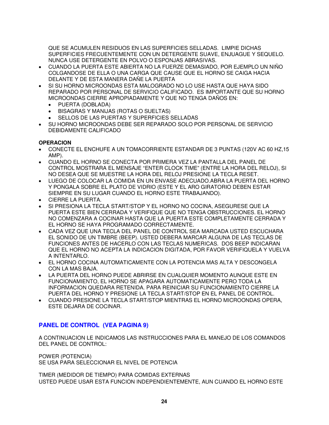 Avanti MO8003BT instruction manual Panel DE Control VEA Pagina, Operacion 