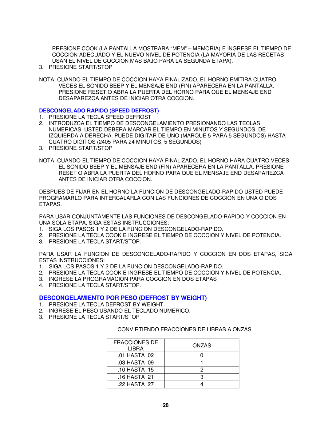 Avanti MO8003BT instruction manual Descongelamiento POR Peso Defrost by Weight, Descongelado Rapido Speed Defrost 