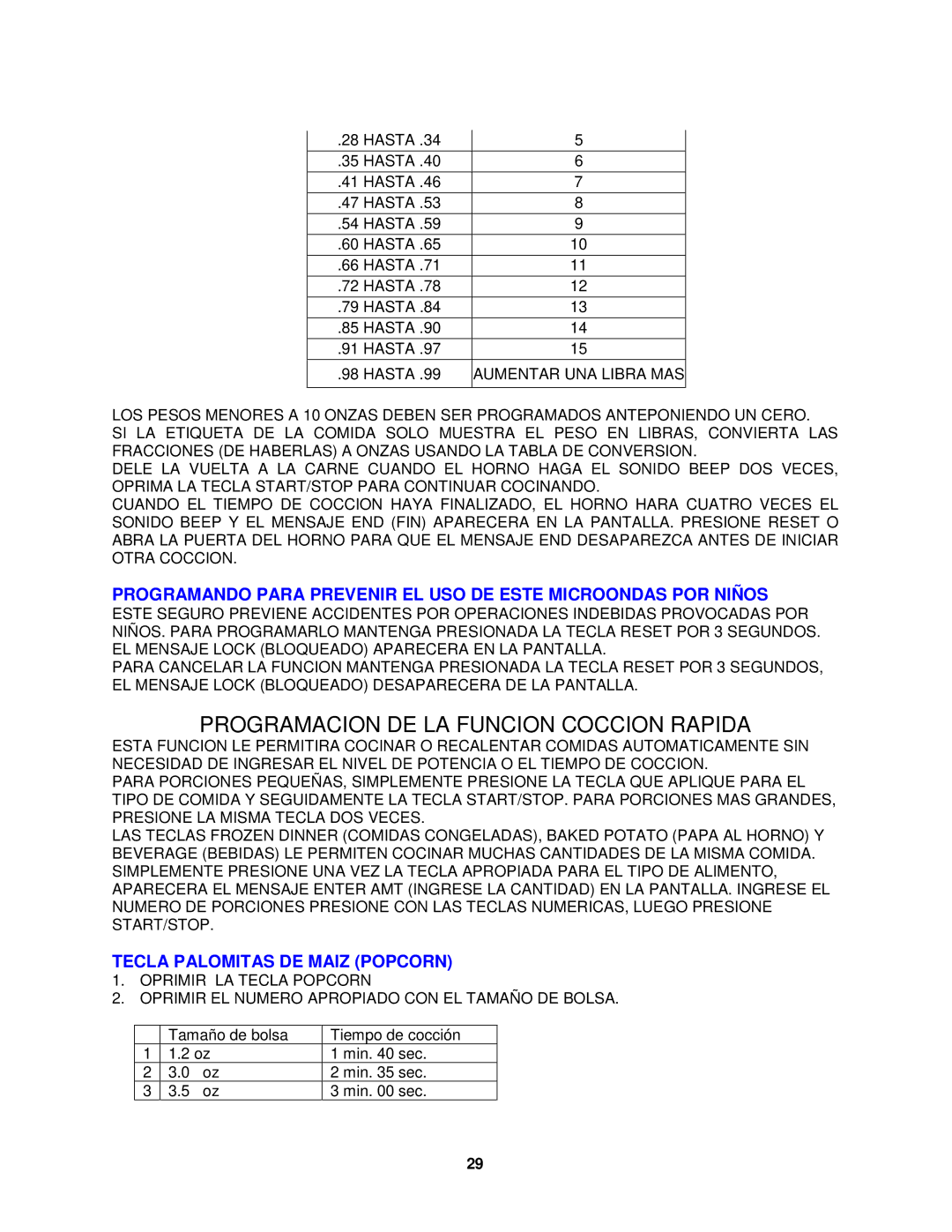 Avanti MO8003BT instruction manual Programacion DE LA Funcion Coccion Rapida, Tecla Palomitas DE Maiz Popcorn 