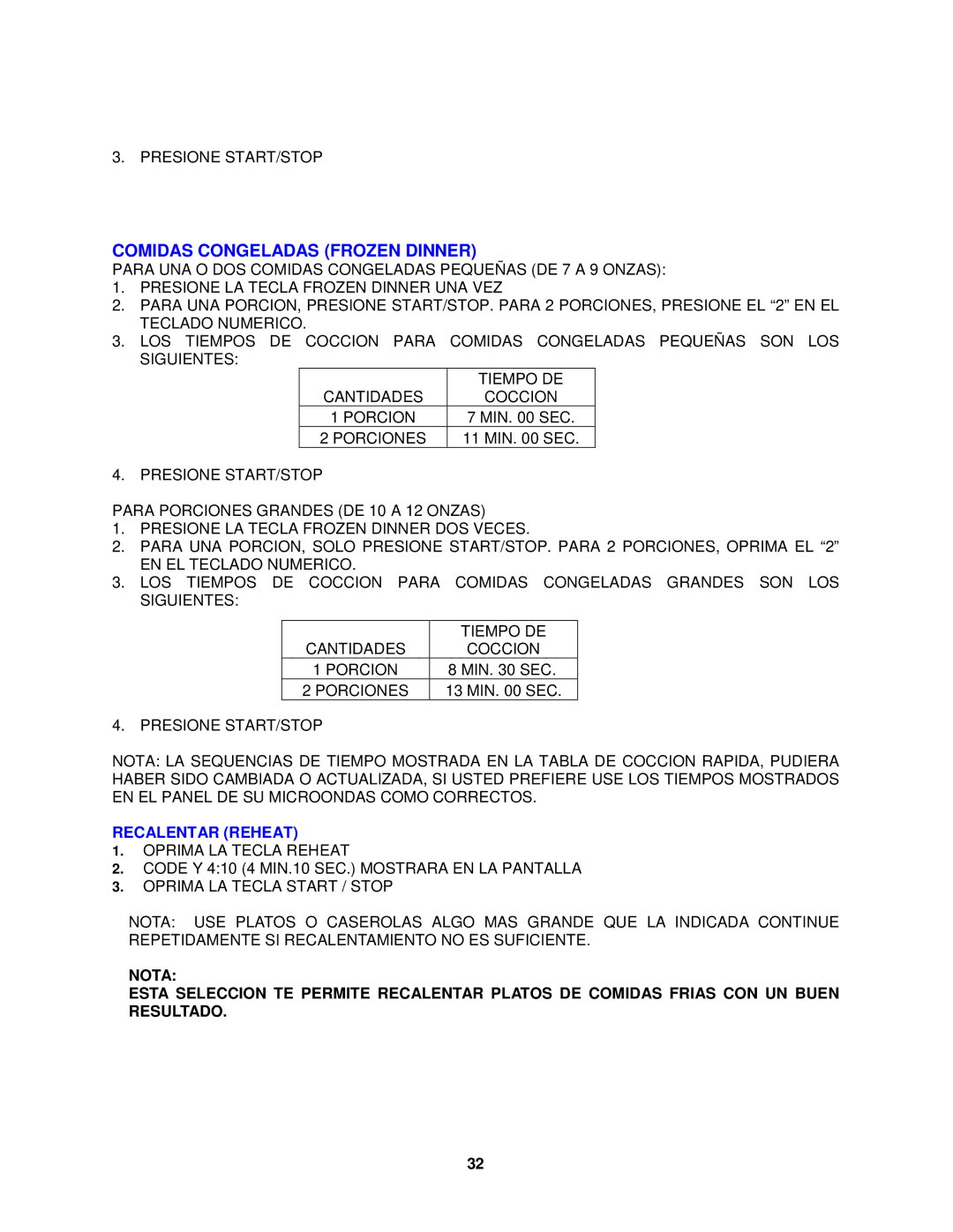 Avanti MO8003BT instruction manual Comidas Congeladas Frozen Dinner, Recalentar Reheat 