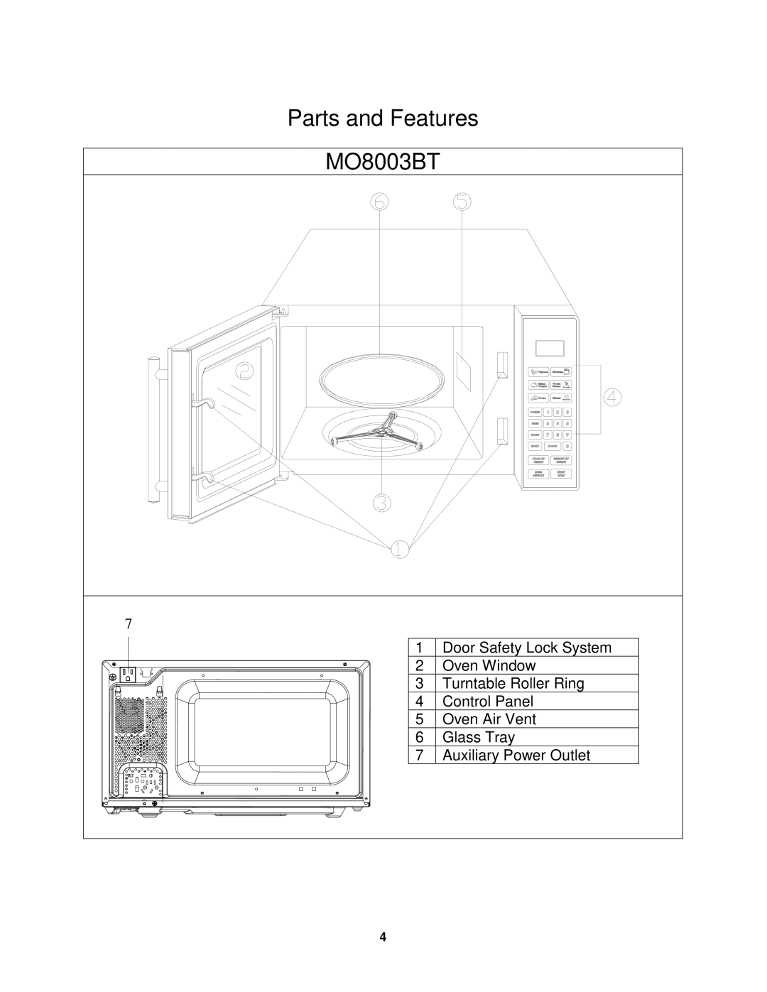 Avanti instruction manual Parts and Features MO8003BT 