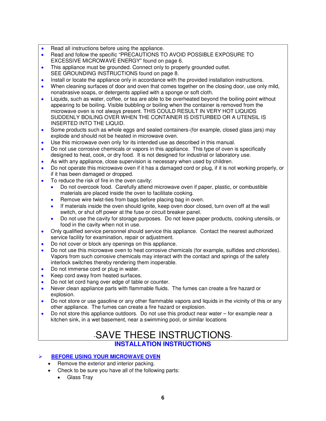 Avanti MO8003BT instruction manual Installation Instructions,  Before Using Your Microwave Oven 