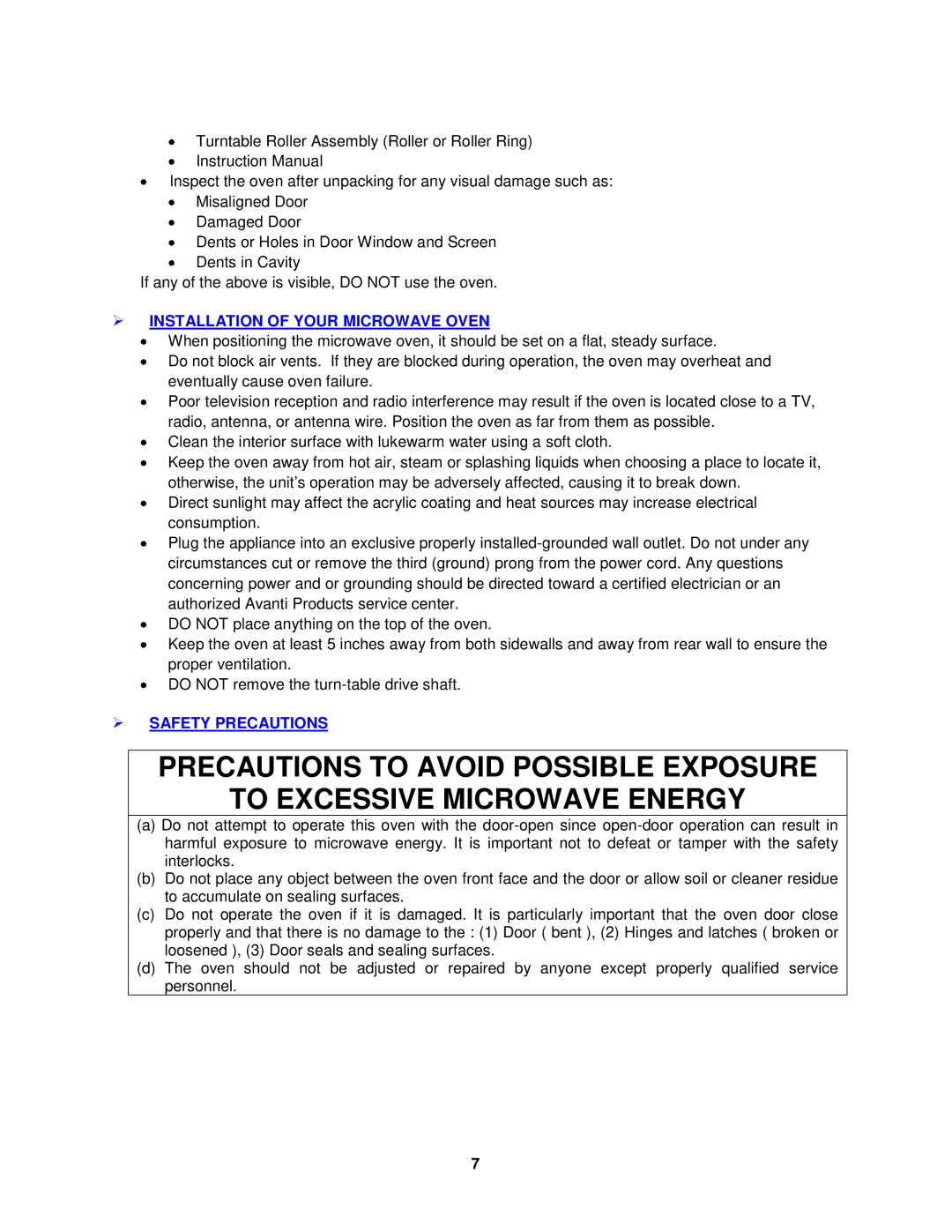 Avanti MO8003BT instruction manual  Installation of Your Microwave Oven,  Safety Precautions 