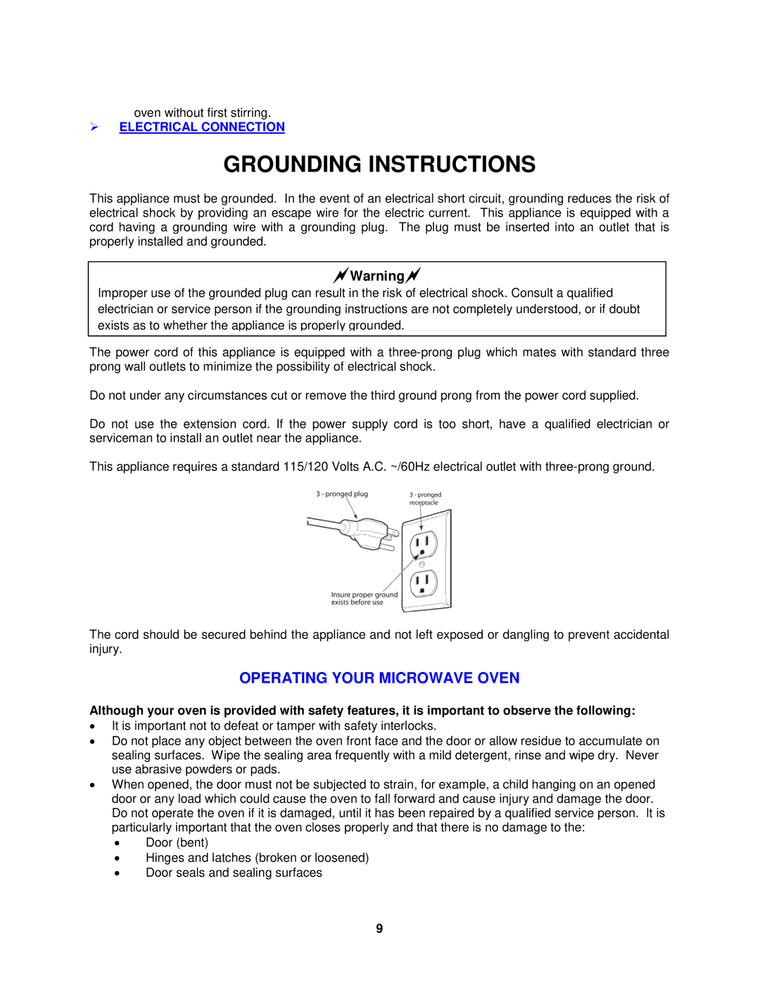 Avanti MO8003BT instruction manual Operating Your Microwave Oven,  Electrical Connection 