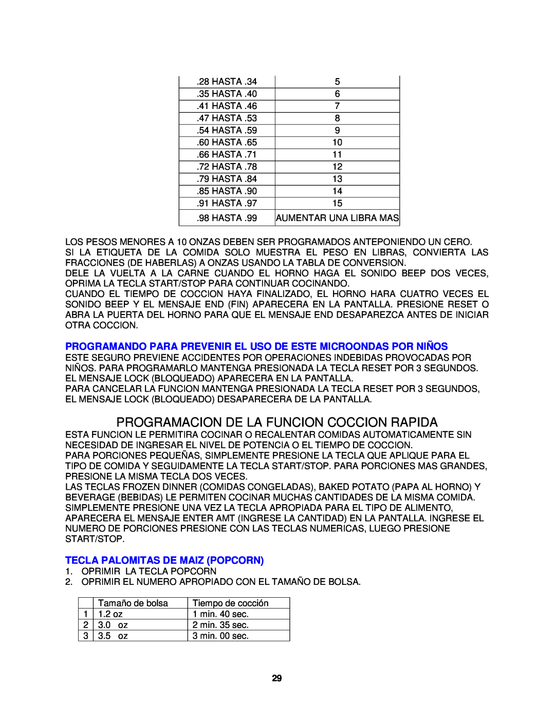 Avanti MO8003BT instruction manual Programacion De La Funcion Coccion Rapida, Tecla Palomitas De Maiz Popcorn 