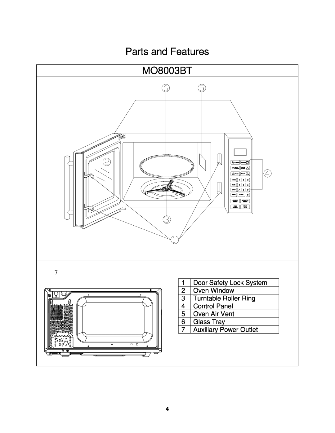 Avanti instruction manual Parts and Features MO8003BT 