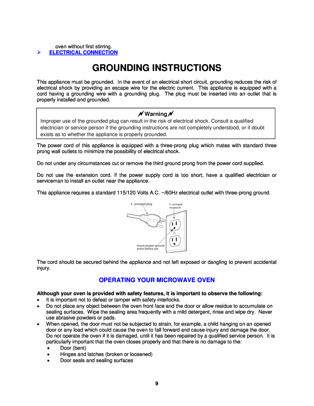 Avanti MO8003BT instruction manual Grounding Instructions, Operating Your Microwave Oven, Warning, Electrical Connection 