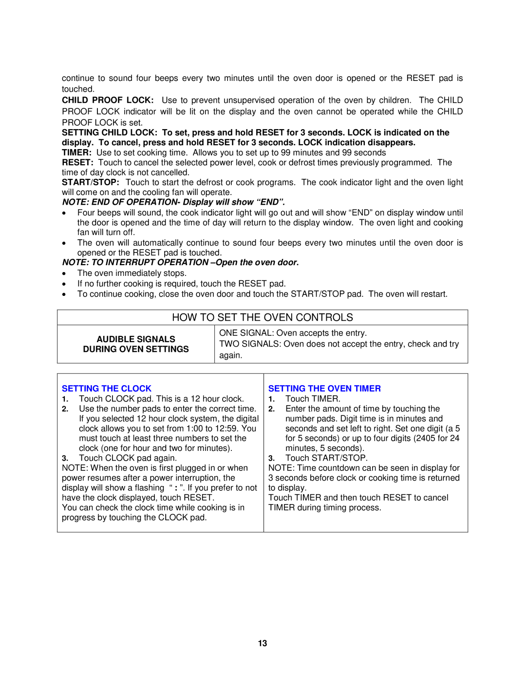 Avanti MO8004MST instruction manual Audible Signals During Oven Settings, Setting the Clock, Setting the Oven Timer 