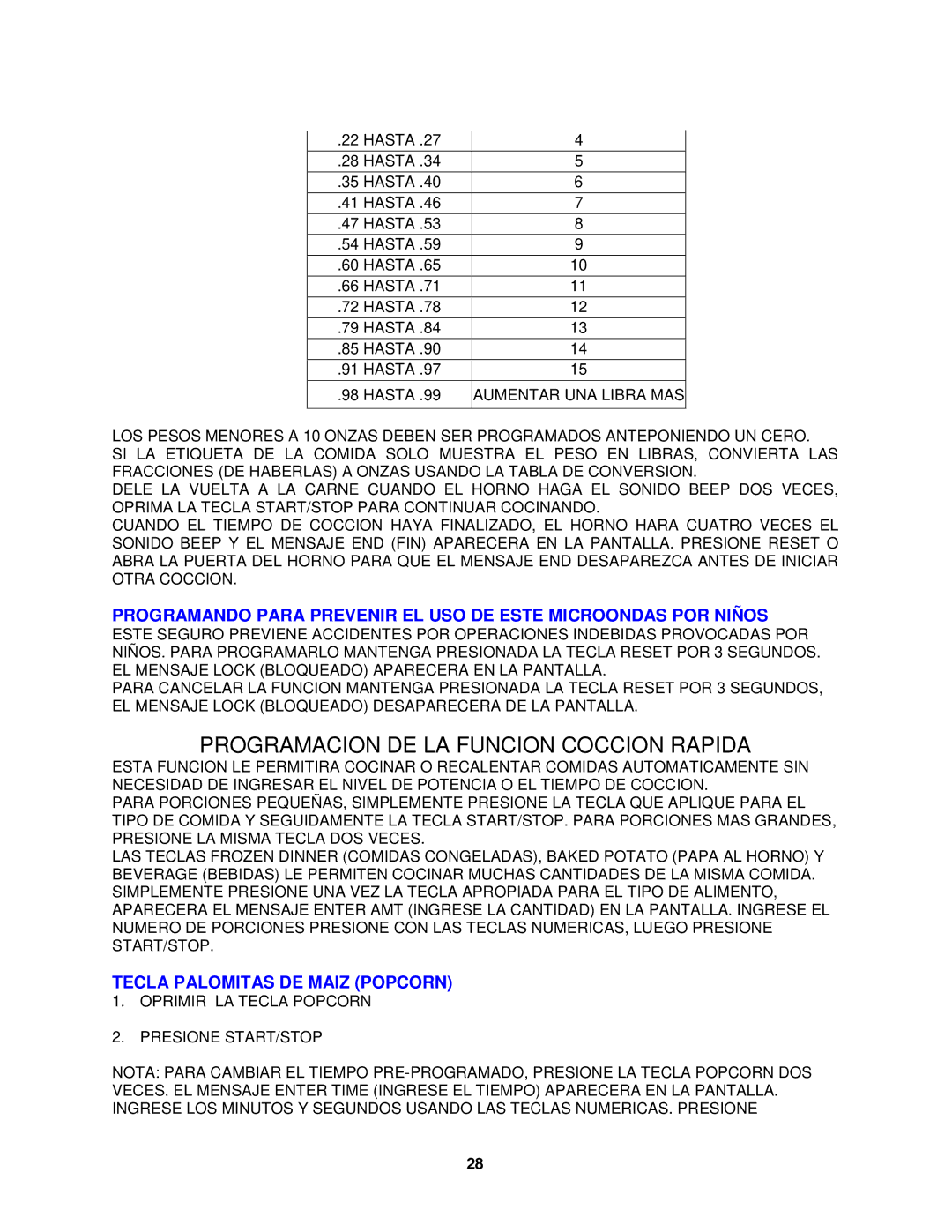 Avanti MO8004MST instruction manual Programacion DE LA Funcion Coccion Rapida, Tecla Palomitas DE Maiz Popcorn 