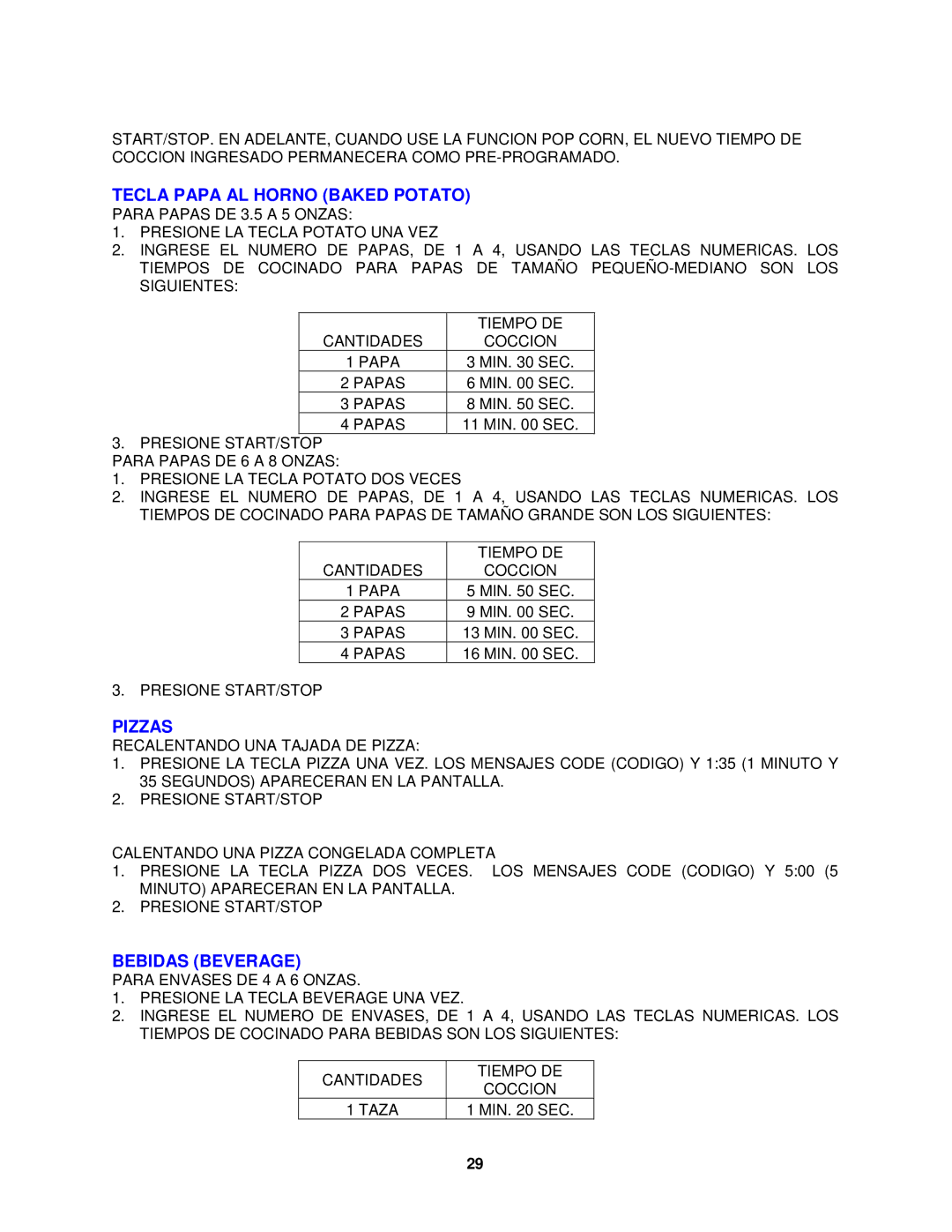 Avanti MO8004MST instruction manual Tecla Papa AL Horno Baked Potato, Pizzas, Bebidas Beverage 