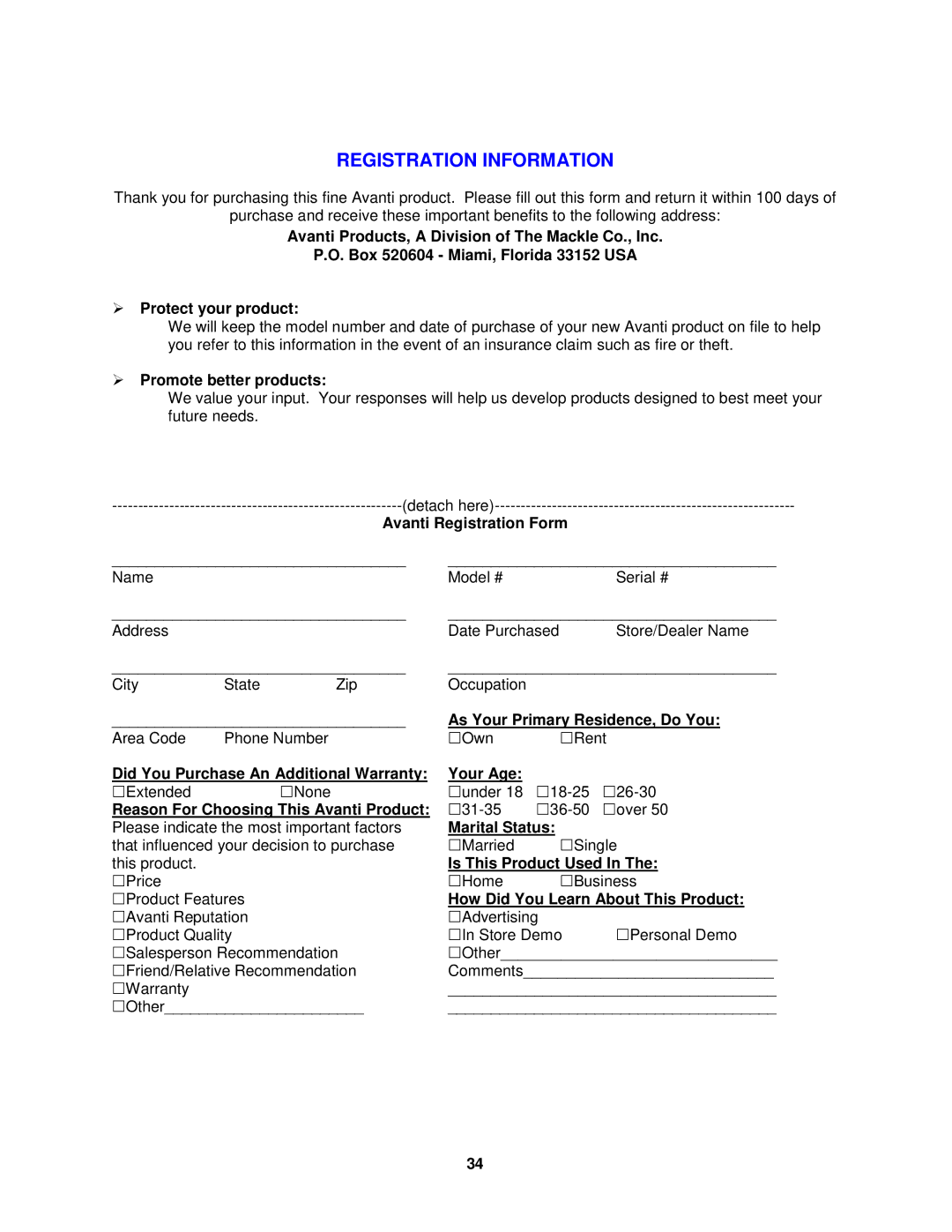 Avanti MO8004MST instruction manual Registration Information 