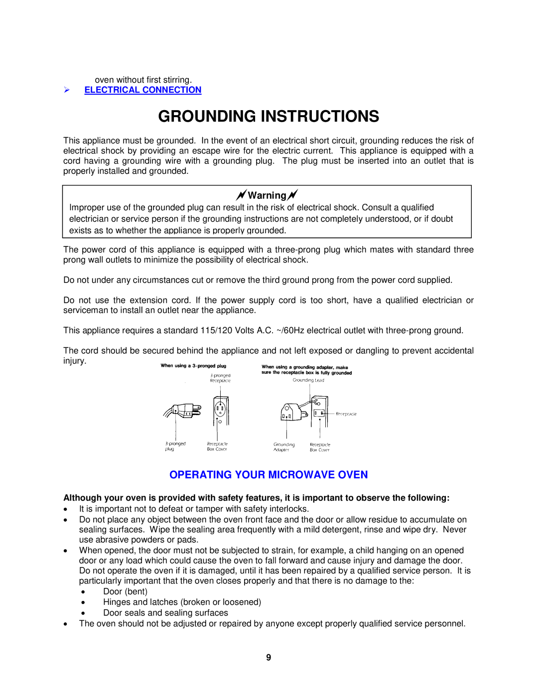 Avanti MO8004MST instruction manual Operating Your Microwave Oven,  Electrical Connection 