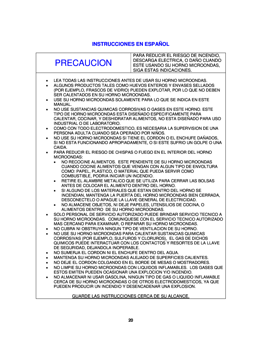 Avanti MO8004MST instruction manual Instrucciones En Español, Precaucion 