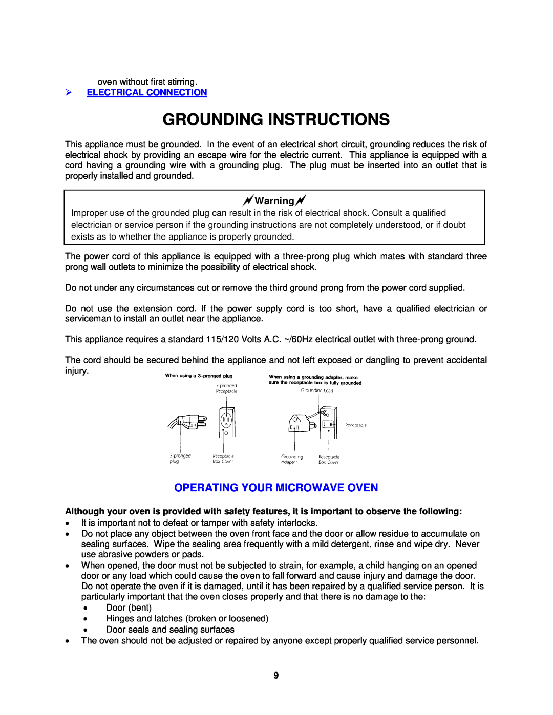 Avanti MO8004MST Grounding Instructions, Operating Your Microwave Oven, Warning, Electrical Connection 