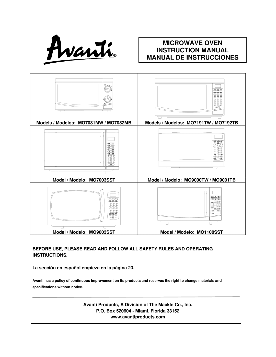 Avanti MO9000TW instruction manual Microwave Oven Manual DE Instrucciones, La sección en español empieza en la página 