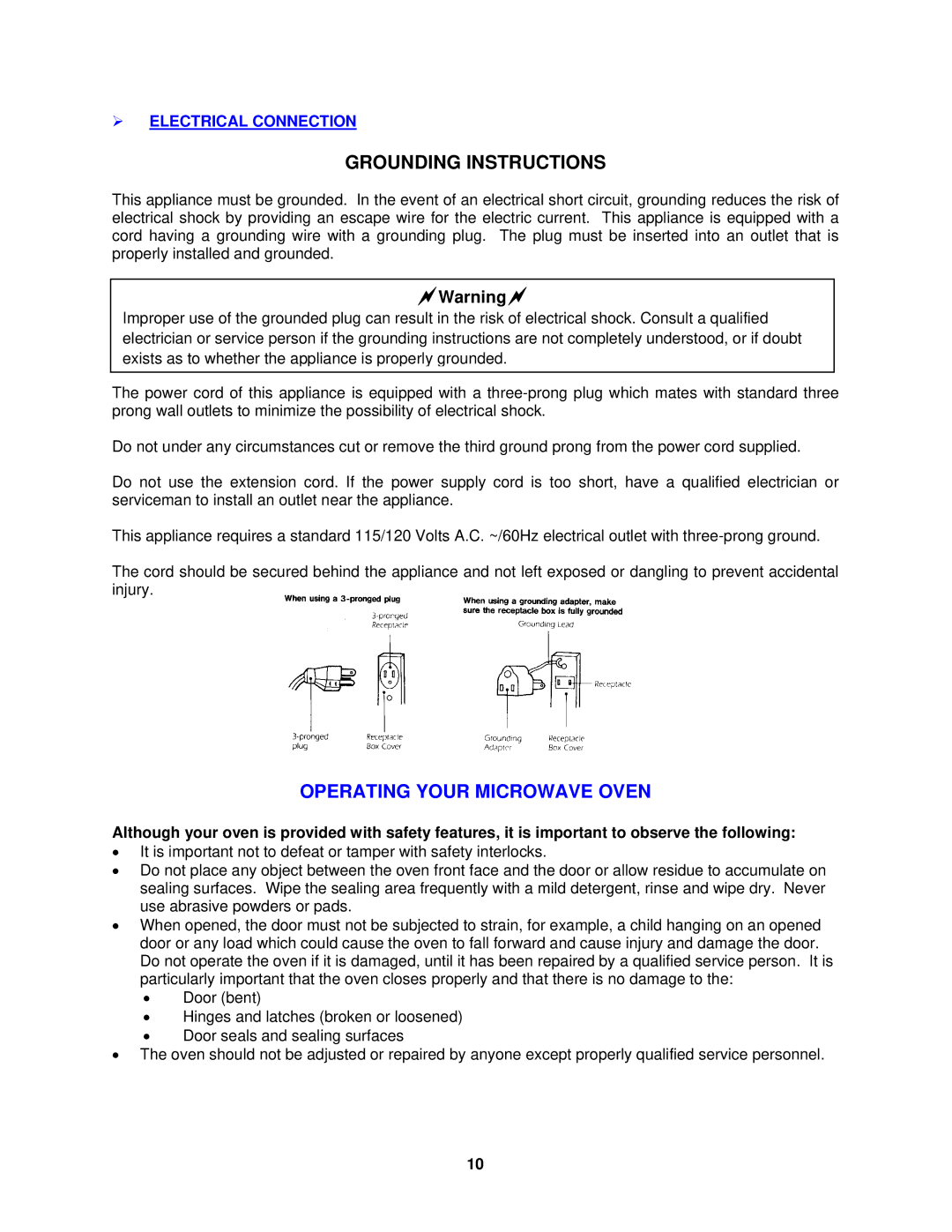 Avanti MO7082MB, MO9003SST, MO9000TW, MO7192TB, MO9001TB, MO7081MW Operating Your Microwave Oven,  Electrical Connection 