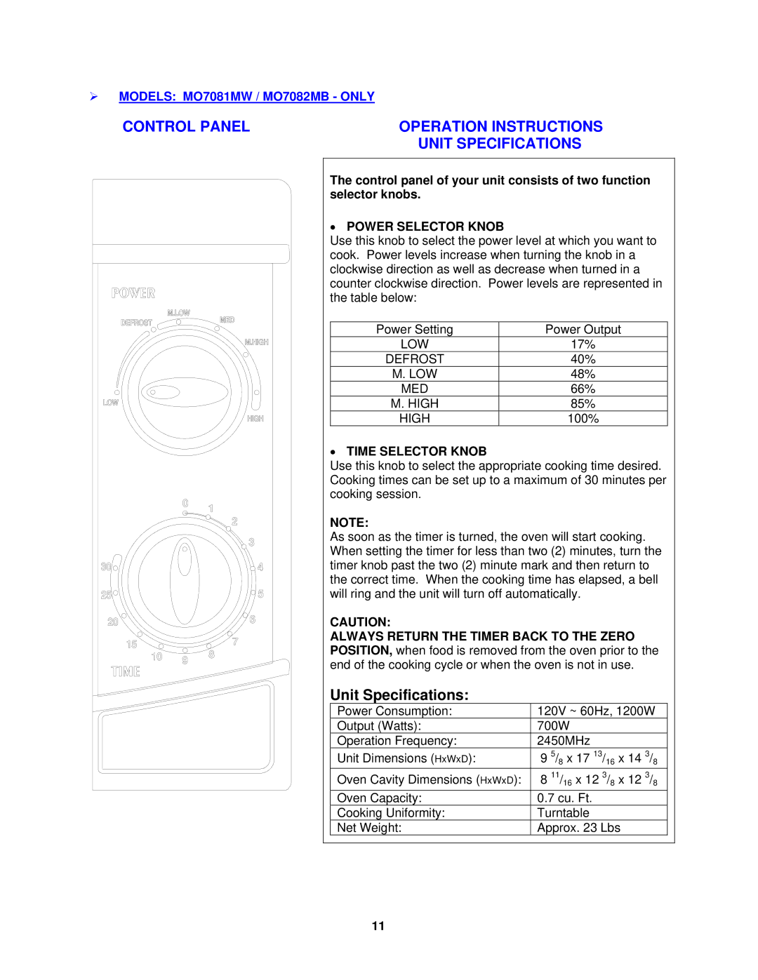 Avanti MO7192TB Control Panel Operation Instructions Unit Specifications, ∙ Power Selector Knob, ∙ Time Selector Knob 