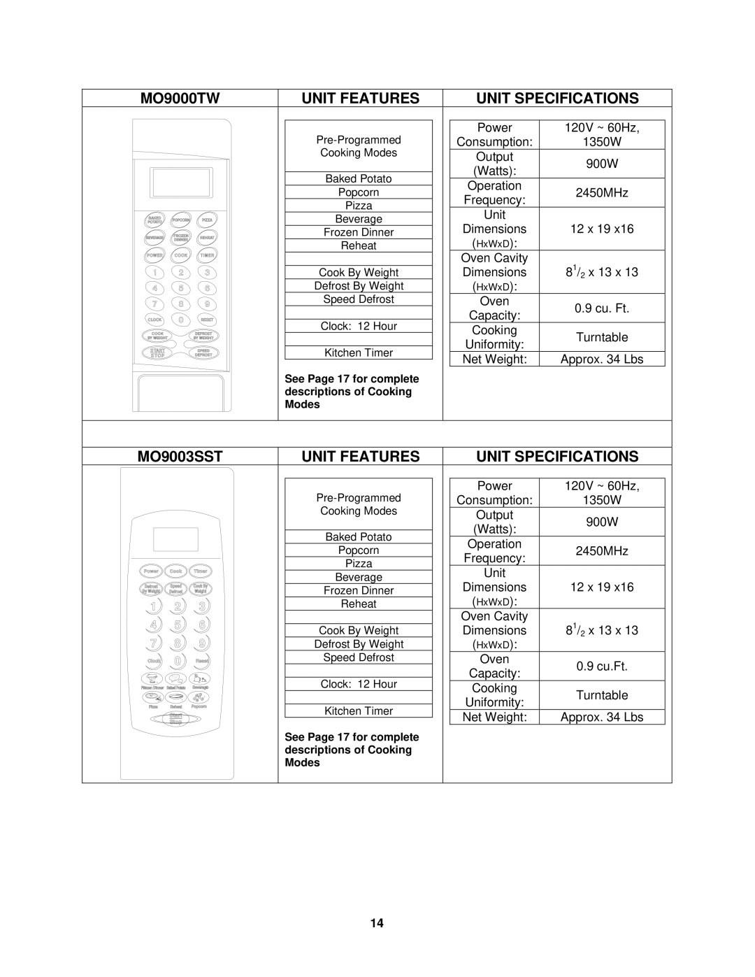 Avanti MO1108SST, MO9000TW, MO7082MB, MO7192TB, MO9001TB, MO7081MW, MO7003SST instruction manual MO9003SST 