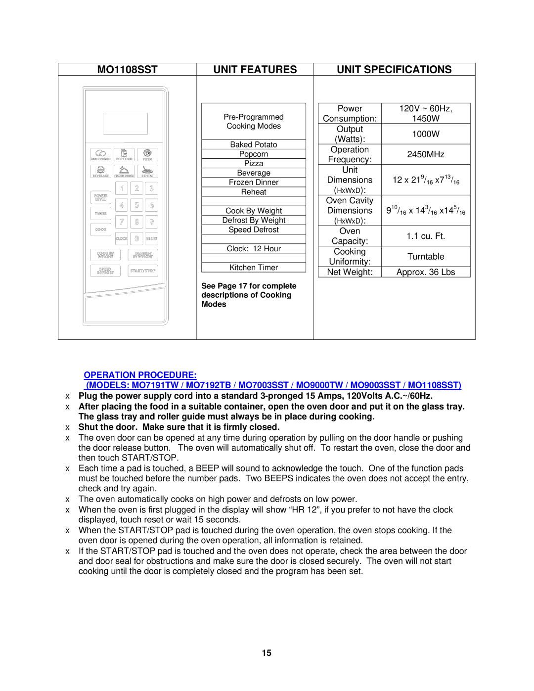 Avanti MO7003SST, MO9003SST, MO9000TW, MO7082MB, MO7192TB, MO9001TB, MO7081MW, MO1108SST instruction manual  Operation Procedure 