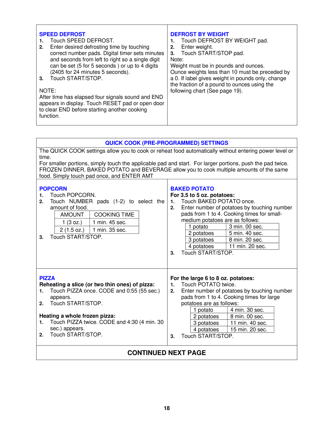 Avanti MO7082MB, MO9000TW Speed Defrost Defrost by Weight, Quick Cook PRE-PROGRAMMED Settings, Popcorn Baked Potato, Pizza 