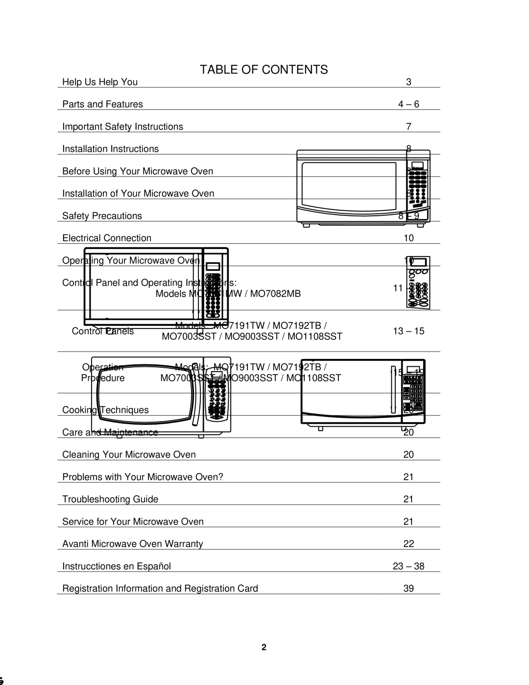 Avanti MO7082MB, MO9003SST, MO9000TW, MO7192TB, MO9001TB, MO7081MW, MO1108SST, MO7003SST instruction manual Table of Contents 