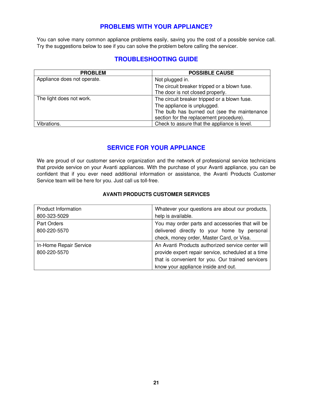 Avanti MO7081MW Problems with Your APPLIANCE?, Troubleshooting Guide, Service for Your Appliance, Problem Possible Cause 