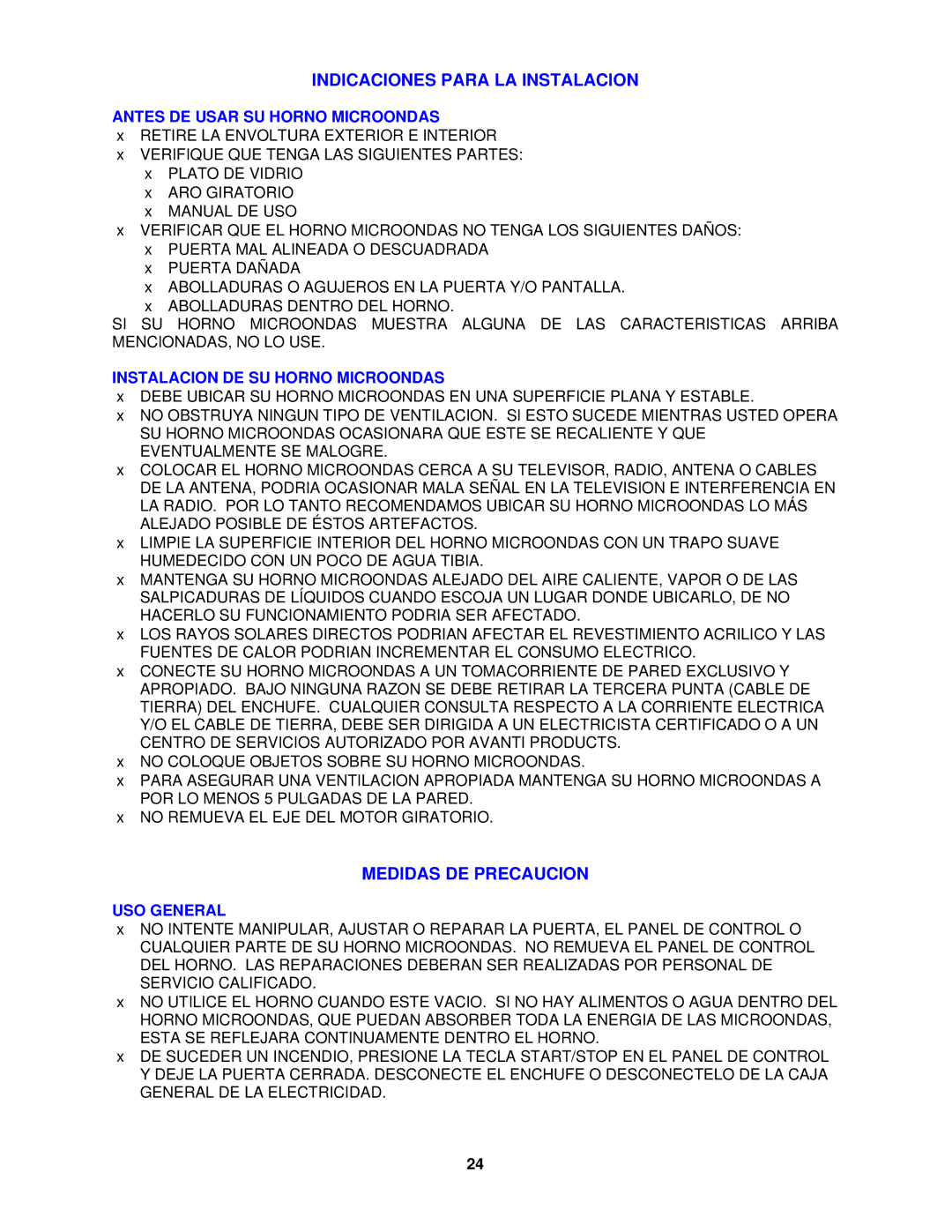 Avanti MO9003SST Indicaciones Para LA Instalacion, Medidas DE Precaucion, Antes DE Usar SU Horno Microondas, USO General 