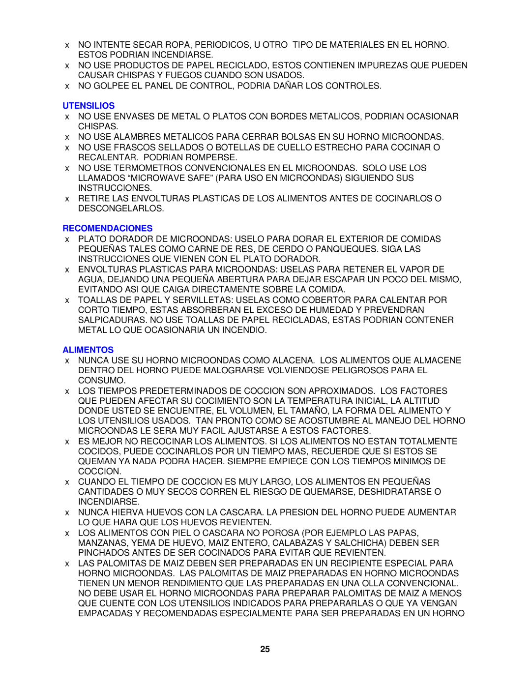 Avanti MO9000TW, MO9003SST, MO7082MB, MO7192TB, MO9001TB, MO7081MW, MO1108SST, MO7003SST Utensilios, Recomendaciones, Alimentos 