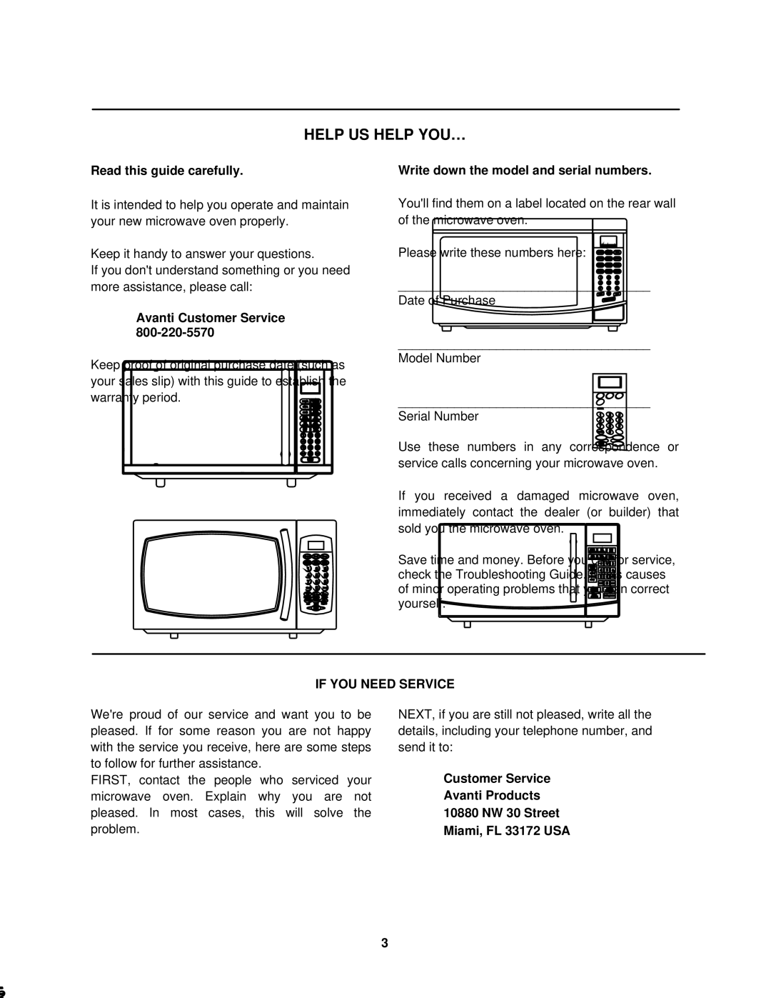 Avanti MO7192TB, MO9003SST Read this guide carefully, Avanti Customer Service, Write down the model and serial numbers 