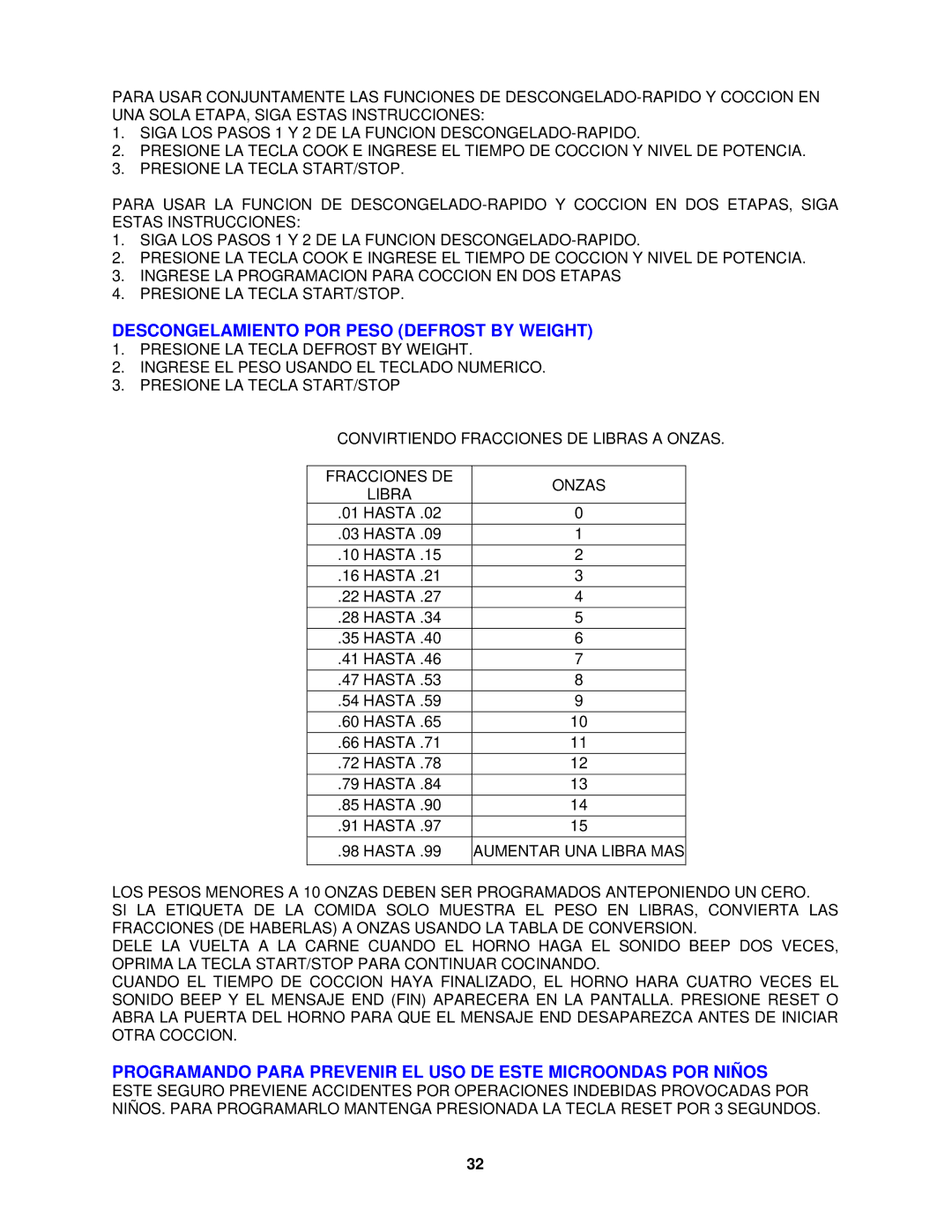 Avanti MO9003SST, MO9000TW, MO7082MB, MO7192TB, MO9001TB, MO7081MW, MO1108SST Descongelamiento POR Peso Defrost by Weight 