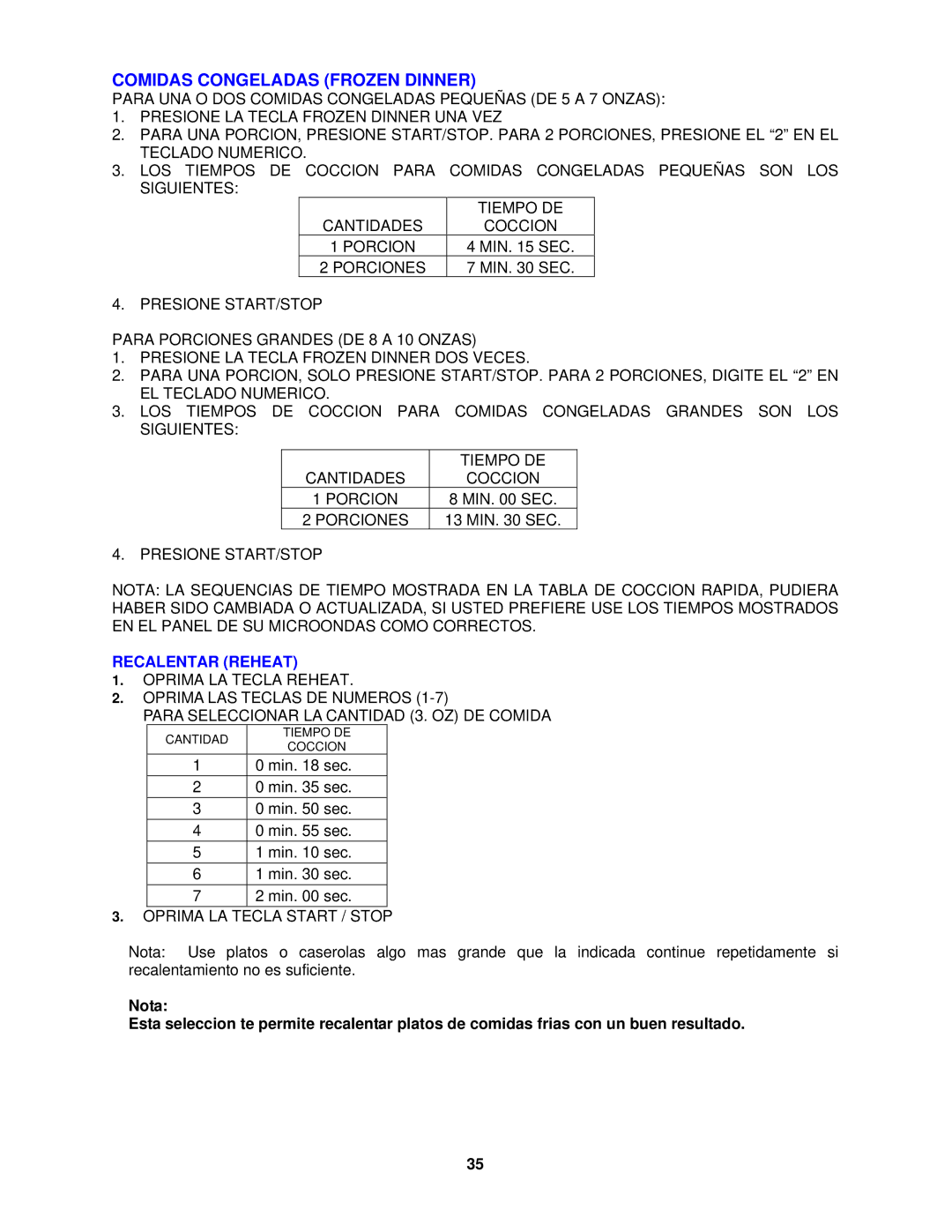 Avanti MO7192TB, MO9003SST, MO9000TW, MO7082MB, MO9001TB, MO7081MW Comidas Congeladas Frozen Dinner, Recalentar Reheat 