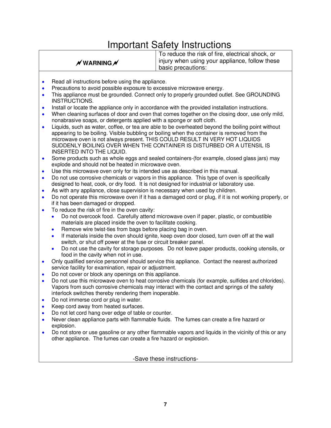 Avanti MO7003SST, MO9003SST, MO9000TW, MO7082MB, MO7192TB, MO9001TB, MO7081MW, MO1108SST Important Safety Instructions 