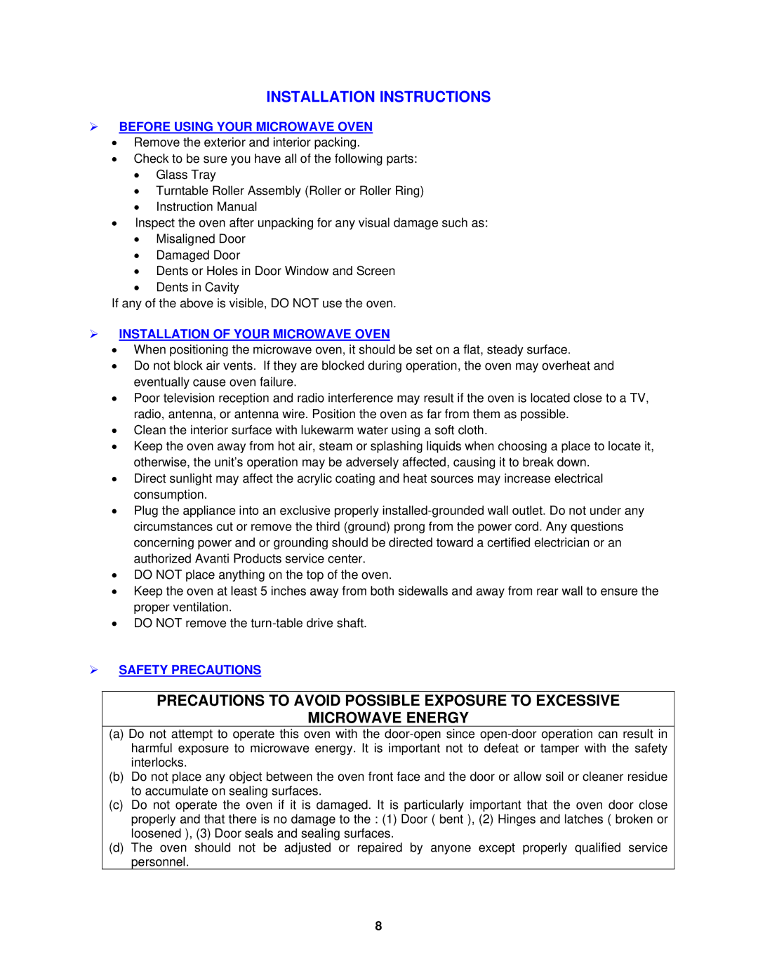 Avanti MO9003SST Installation Instructions,  Before Using Your Microwave Oven,  Installation of Your Microwave Oven 