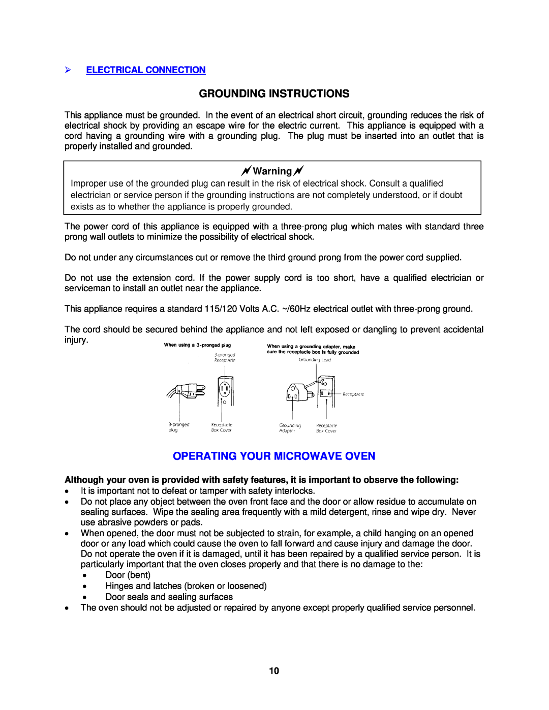 Avanti MO7082MB, MO9003SST Grounding Instructions, Operating Your Microwave Oven, Warning, Electrical Connection 
