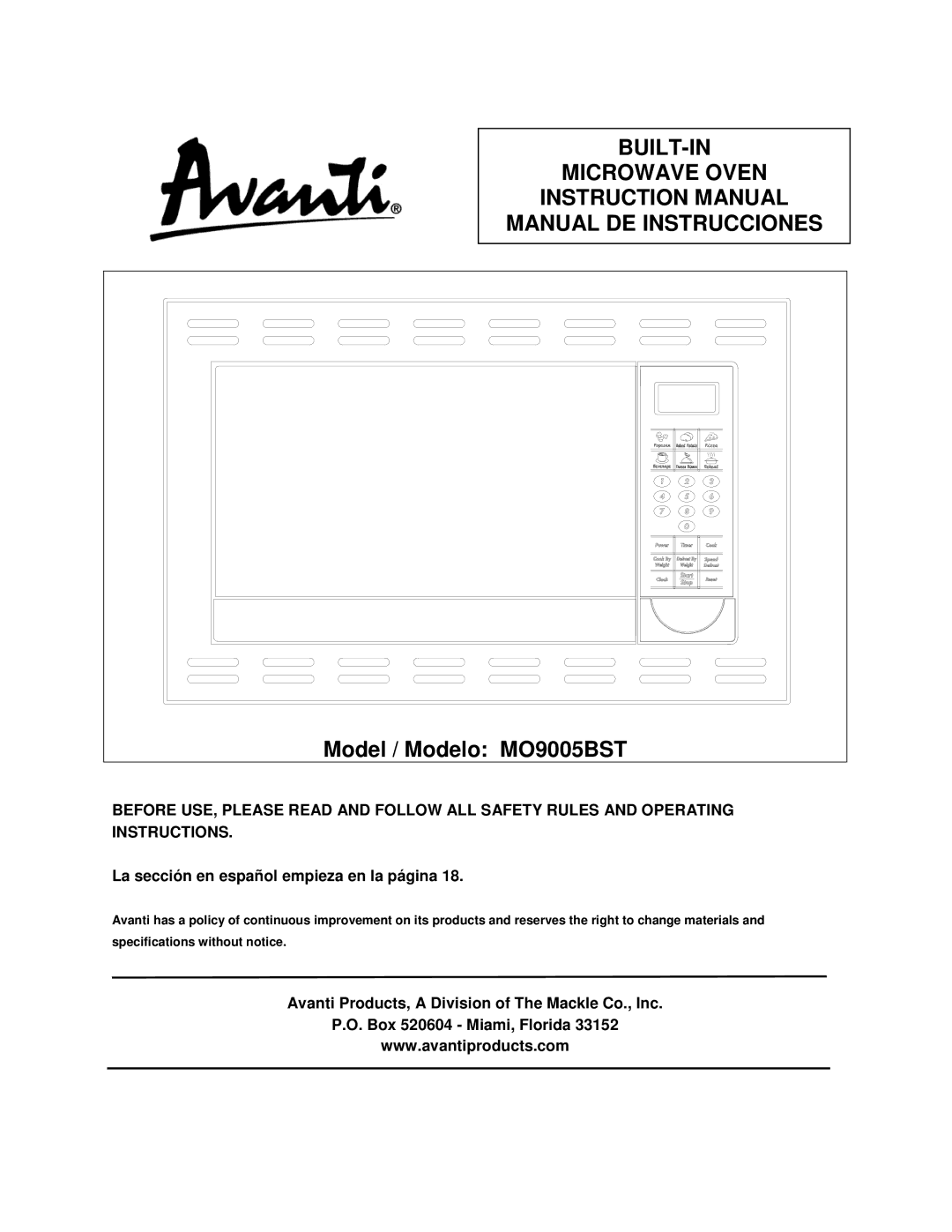 Avanti MO9005BST instruction manual BUILT-IN Microwave Oven Manual DE Instrucciones 