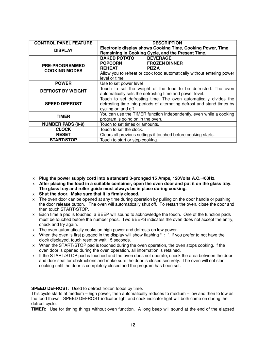 Avanti MO9005BST instruction manual  Operation Procedure,  Special Oven Features 