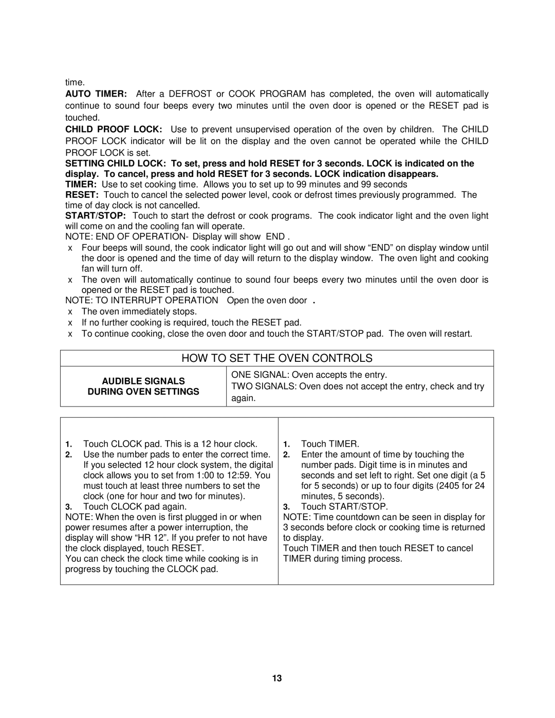 Avanti MO9005BST instruction manual Audible Signals During Oven Settings, Setting the Clock, Setting the Oven Timer 