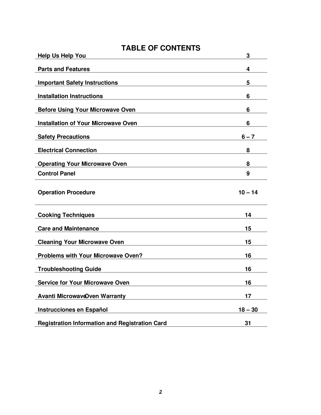 Avanti MO9005BST instruction manual Table of Contents 