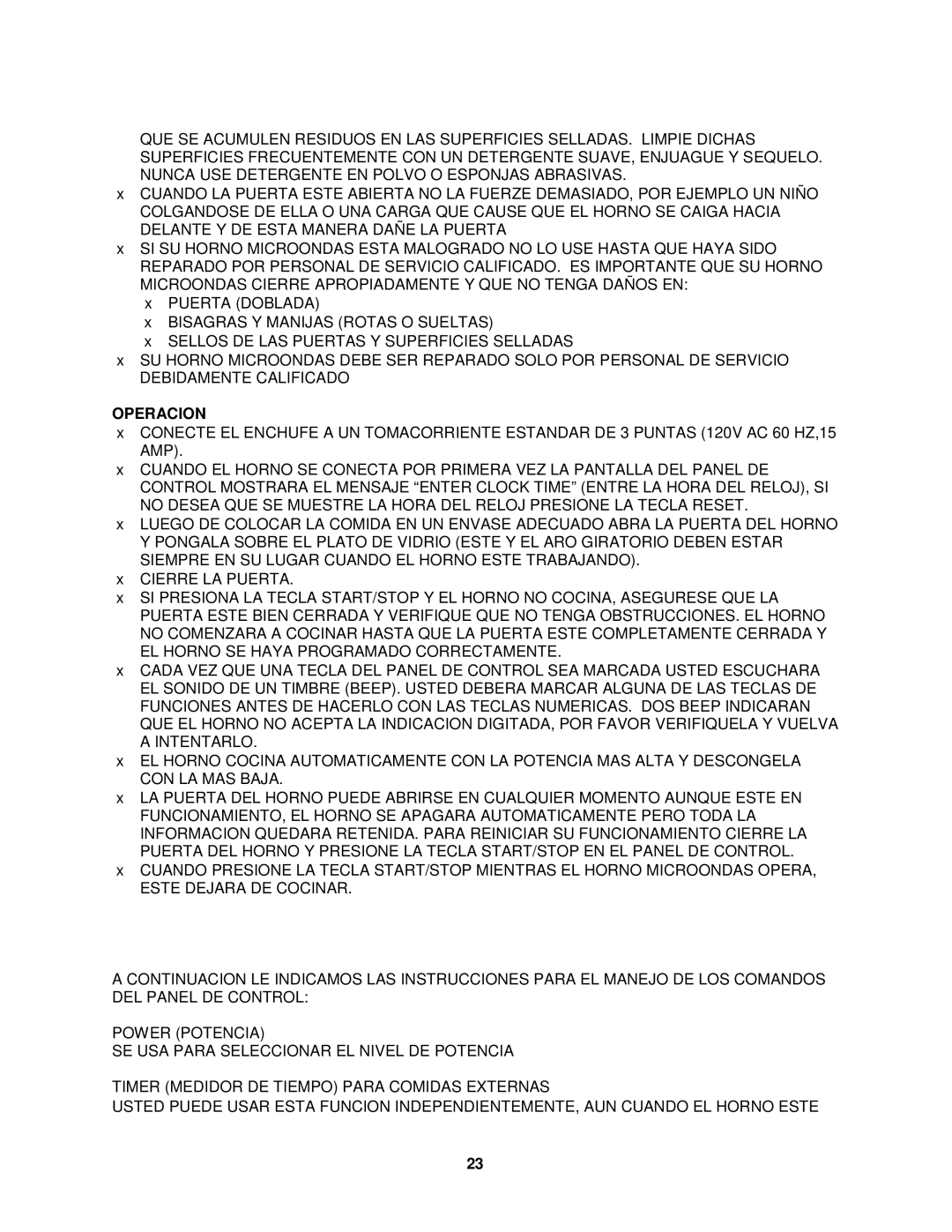 Avanti MO9005BST instruction manual Panel DE Control VEA Pagina, Operacion 