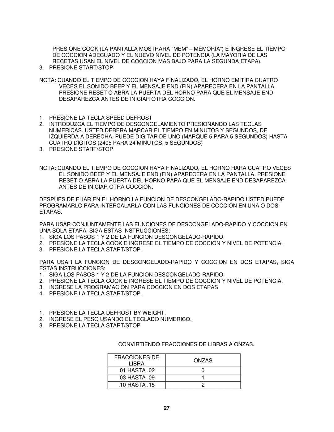 Avanti MO9005BST instruction manual Descongelamiento POR Peso Defrost by Weight, Descongelado Rapido Speed Defrost 