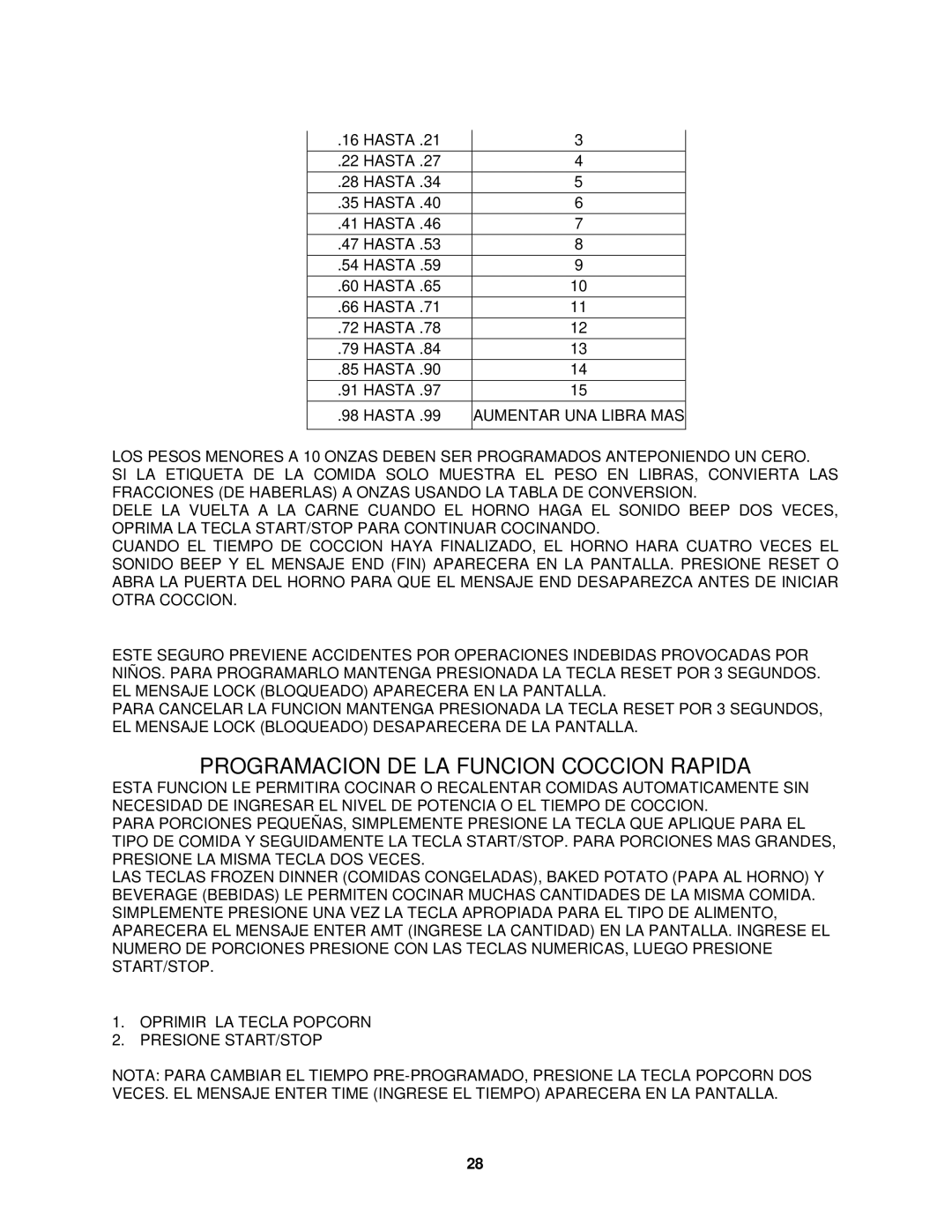 Avanti MO9005BST instruction manual Programacion DE LA Funcion Coccion Rapida, Tecla Palomitas DE Maiz Popcorn 