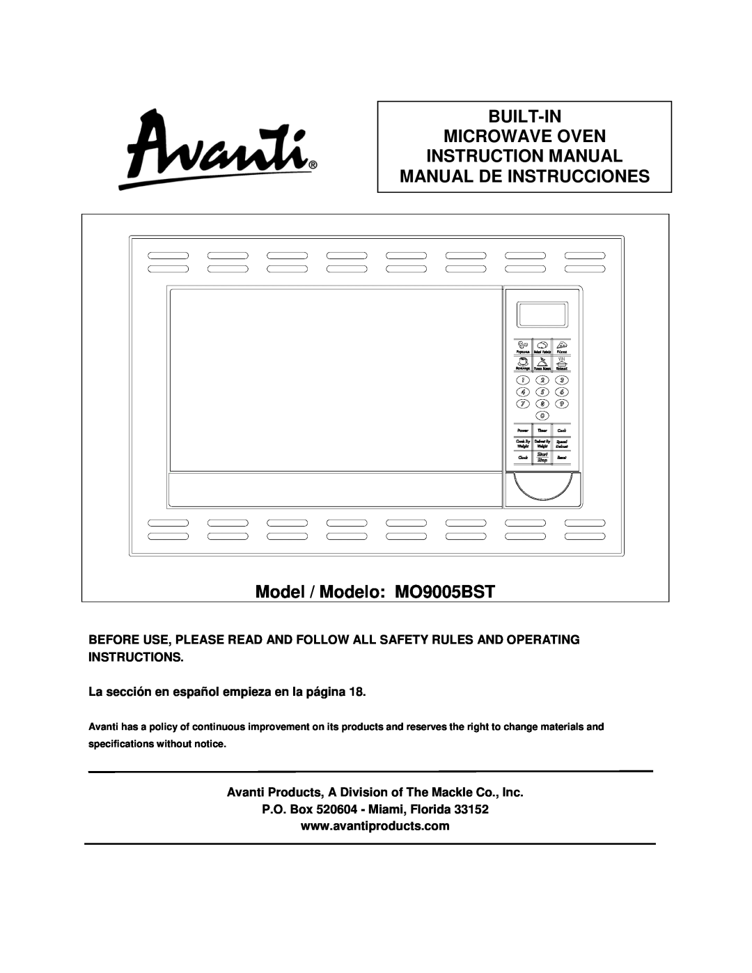 Avanti instruction manual MANUAL DE INSTRUCCIONES Model / Modelo MO9005BST 