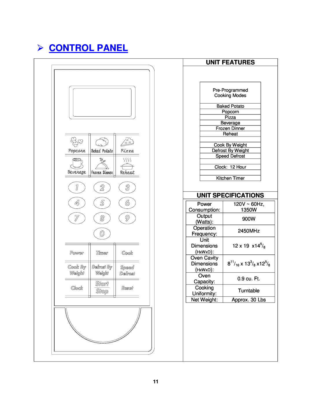 Avanti MO9005BST instruction manual Control Panel, Unit Features, Unit Specifications 