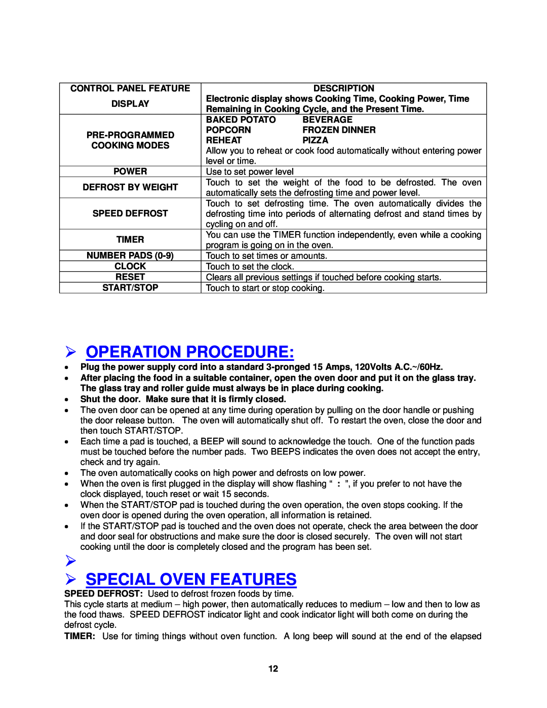 Avanti MO9005BST instruction manual Operation Procedure, Special Oven Features 
