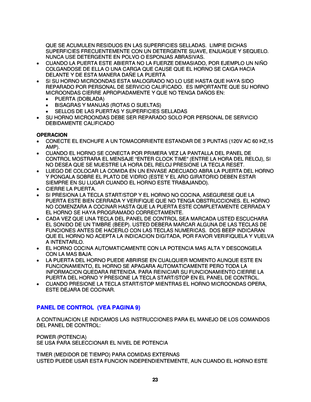 Avanti MO9005BST instruction manual Panel De Control Vea Pagina, Operacion 