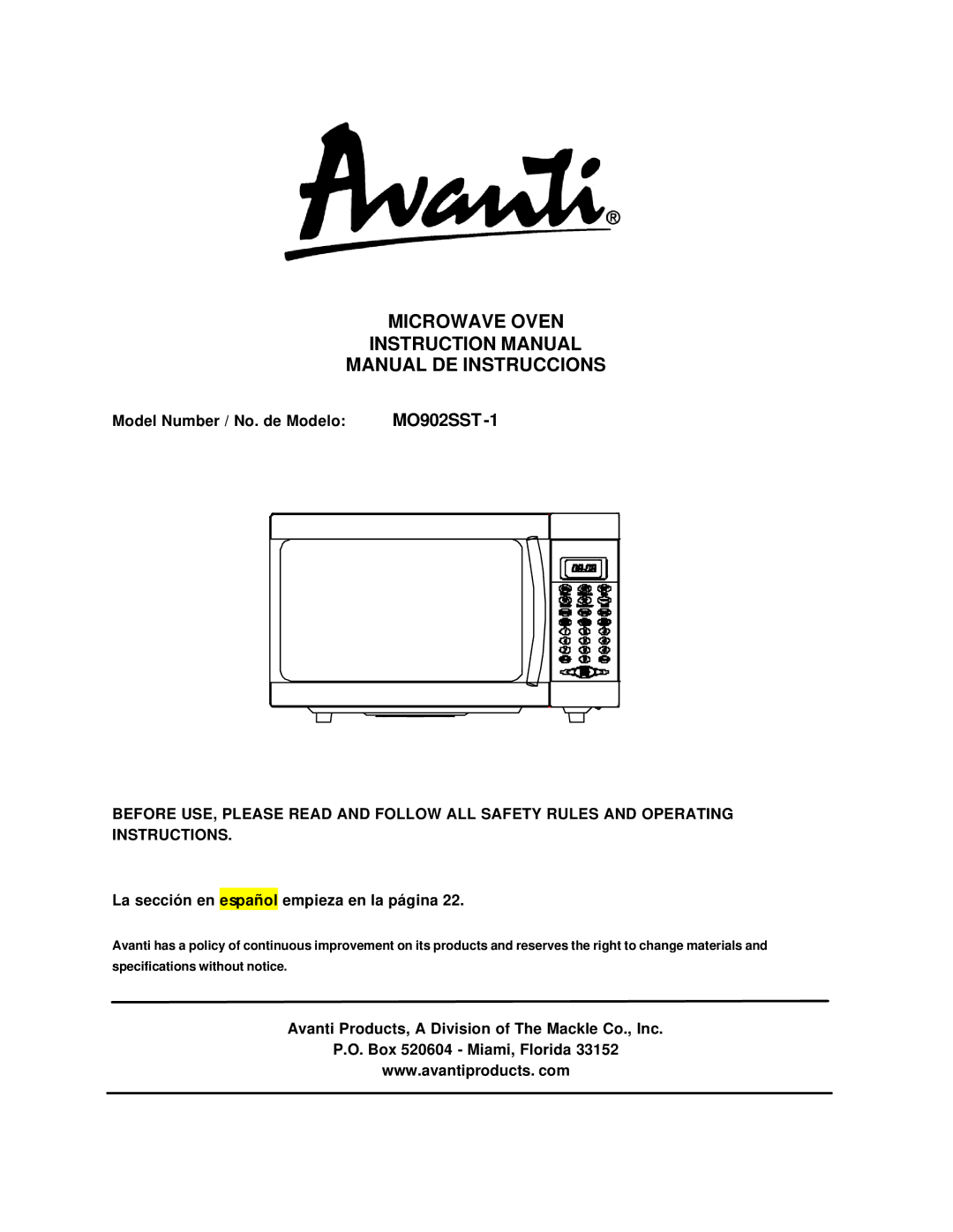 Avanti MO902SST-1 instruction manual Model Number / No. de Modelo, La sección en español empieza en la página 