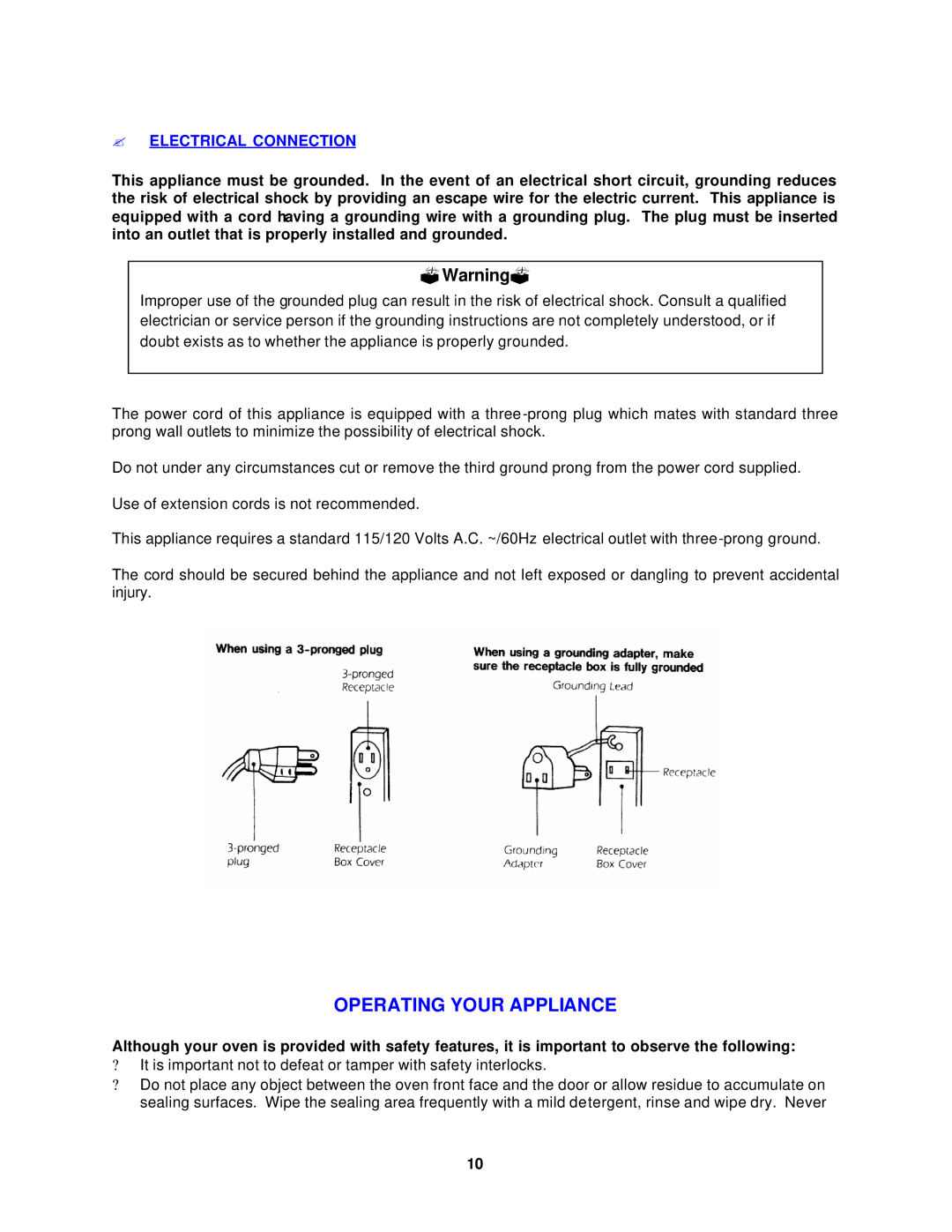 Avanti MO902SST-1 instruction manual Operating Your Appliance, ? Electrical Connection 