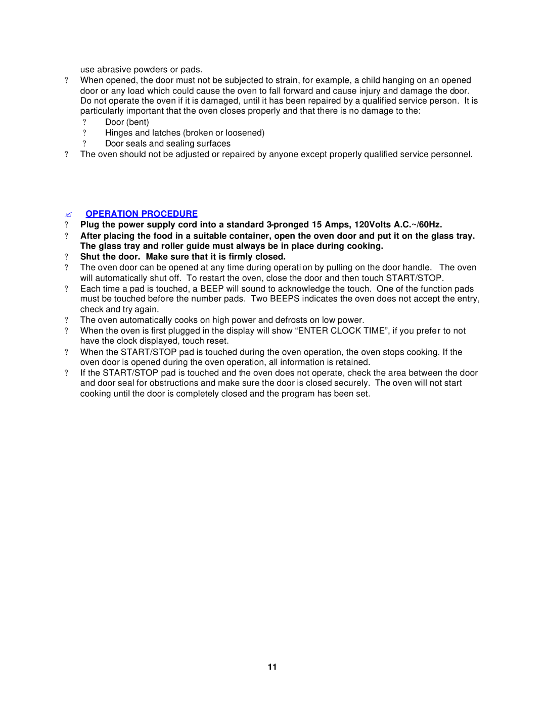 Avanti MO902SST-1 instruction manual ? Operation Procedure 