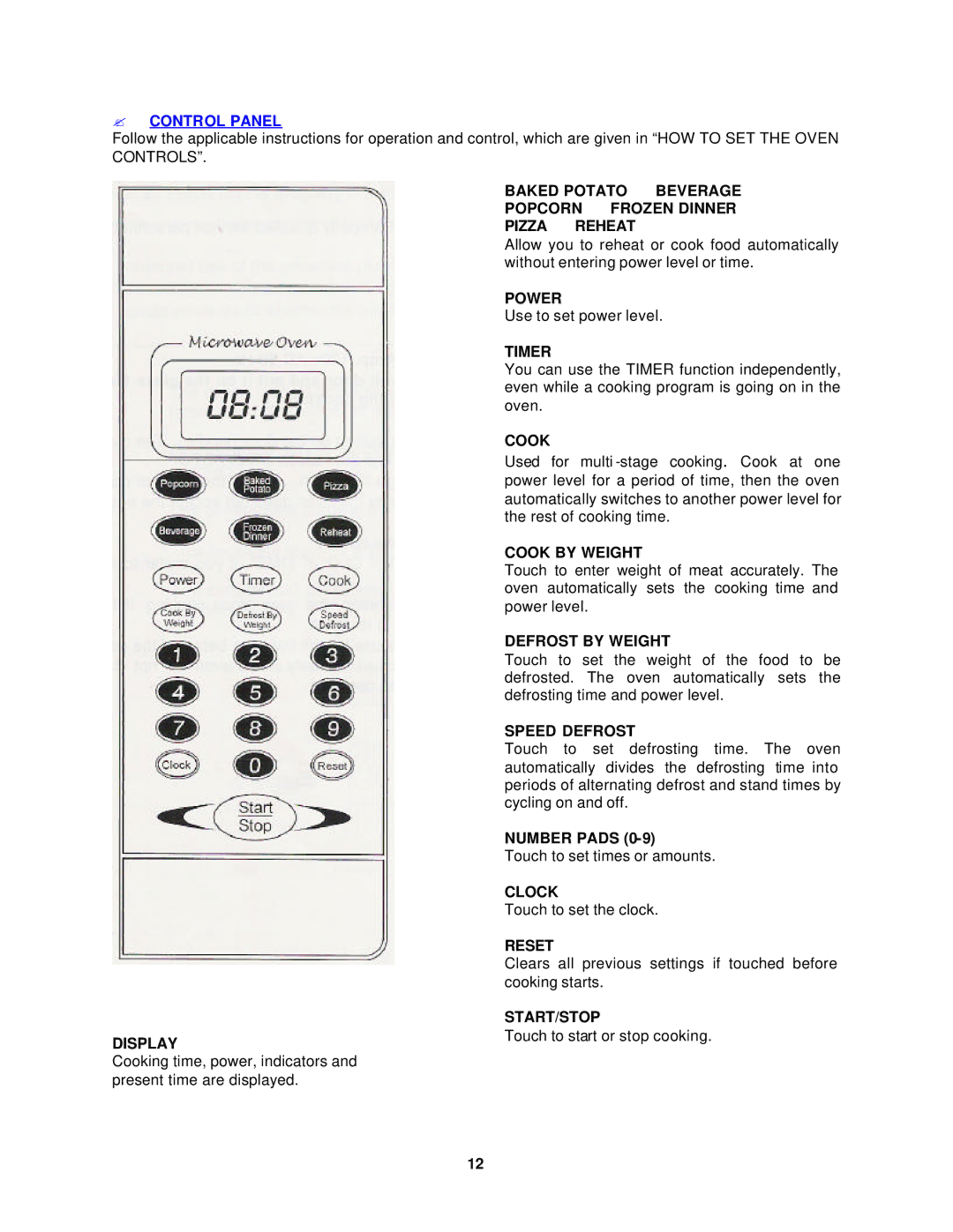 Avanti MO902SST-1 instruction manual ? Control Panel 